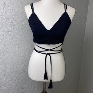 NWT TOBI black lace up sexy tie tassel shirt/top criss cross Sz L